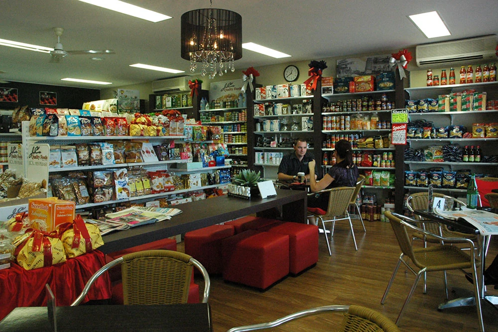 The café and Italian pantry shelves at Amici Deli
